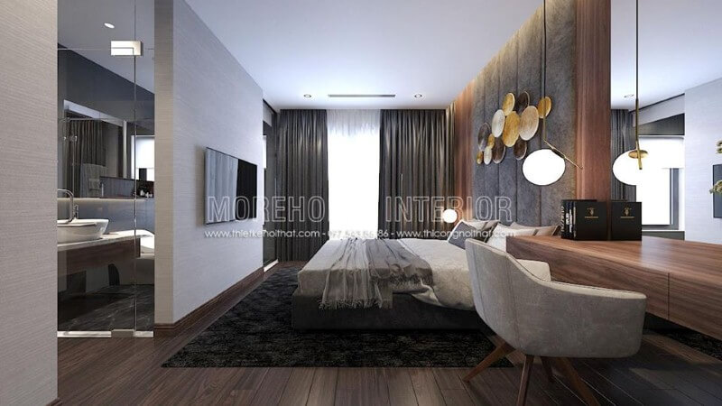 Thiết kế nội thất phòng ngủ khép kín hiện đại liền phòng vệ sinh độc đáo với ý tưởng thiết kế mở khi sử dụng cửa kính trắng cường lực. Thiết kế phòng ngủ biệt thự