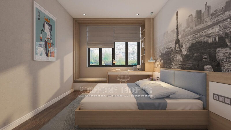 Thiết kế nội thất phòng ngủ hiện đại có bàn làm việc hay góc học tập gần cửa sổ đẹp, sang trọng và tiện ghi. Thiết kế phòng ngủ biệt thự