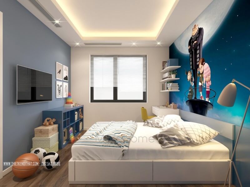 Thiết kếtrang trí nội thất phòng ngủ bé trai với tông màu xanh trắng chủ đạo mang đến không gian tràn đầy hứng khởi