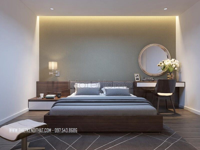 Bức tường đầu giường được gia chủ lựa chọn mẫu giấy dán tường giả xi măng giúp hài hòa được ánh sáng trong không gian phòng